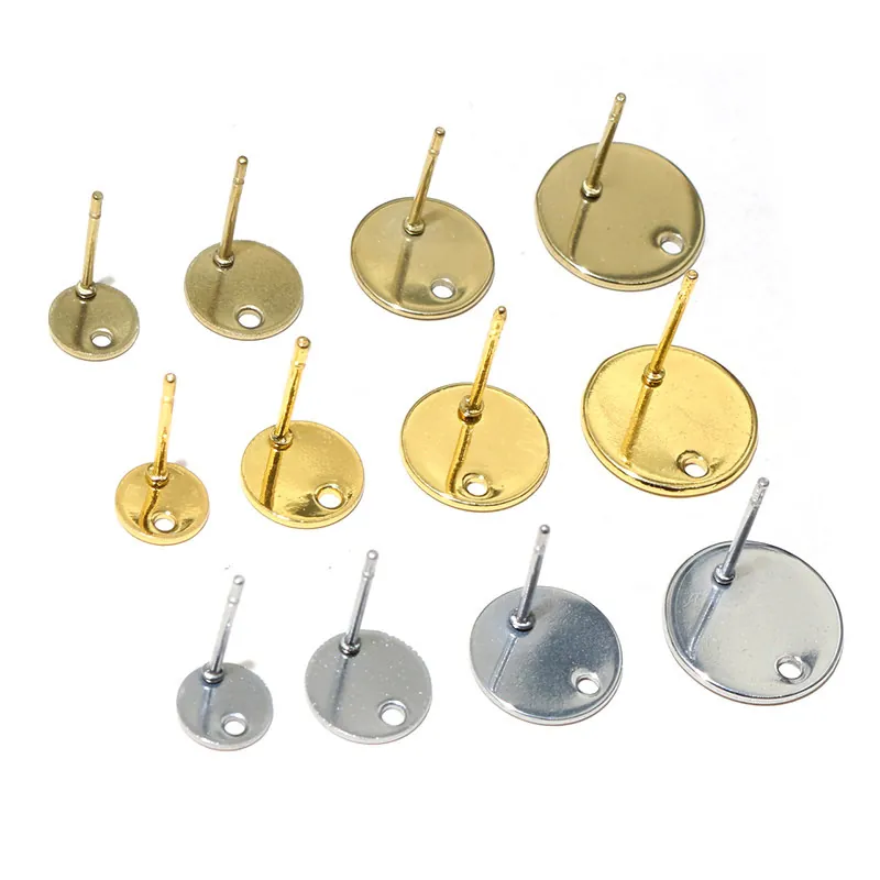Stainless Steel Round Flat Stud Earring Findings With Hole Earring Posts For DIY Jewelry Making Gold Silver Earring Bases