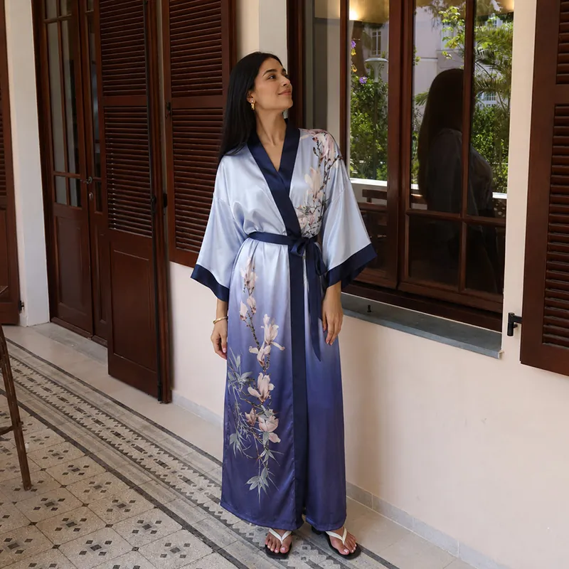 Luxurious Women Floral Print Satin Robe Kimono V-Neck Long Nightgown Tie Waist Bridal Bathrobe Sleepwear Home Robe