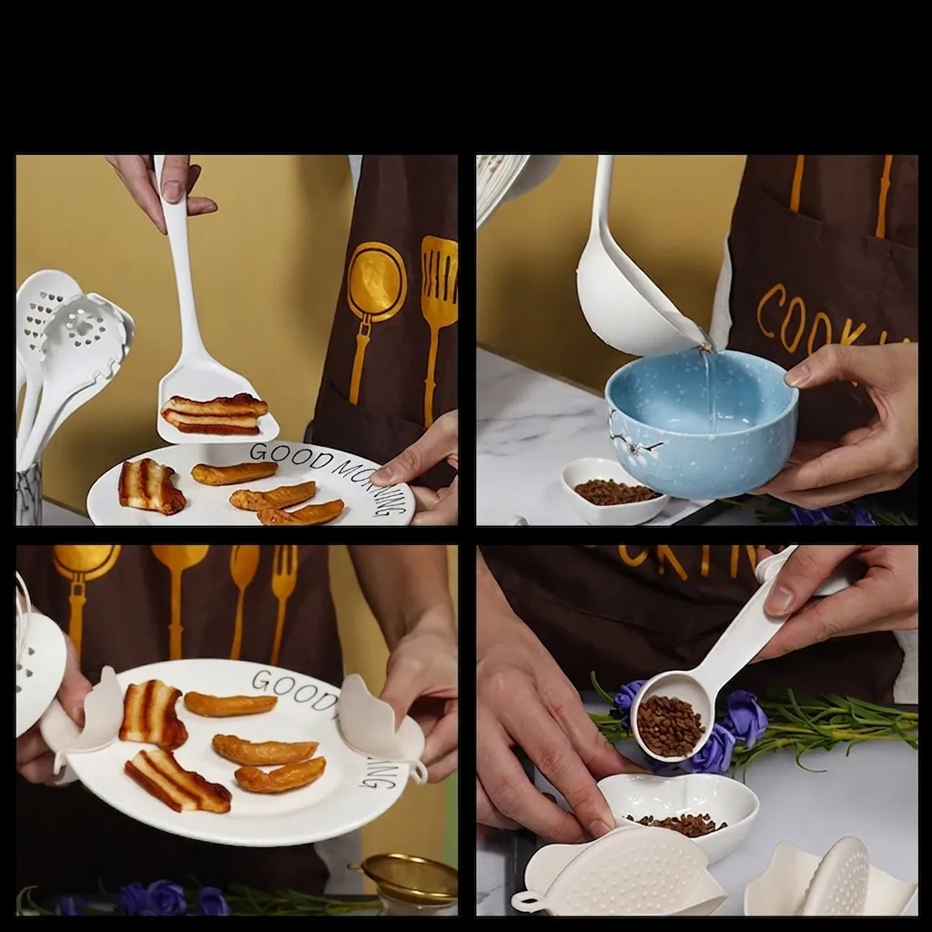 Silicone Kitchenware Collection Cooking Utensils Non-Stick Heat Resistant Stainless Steel Grip With Marble Storage Bucket