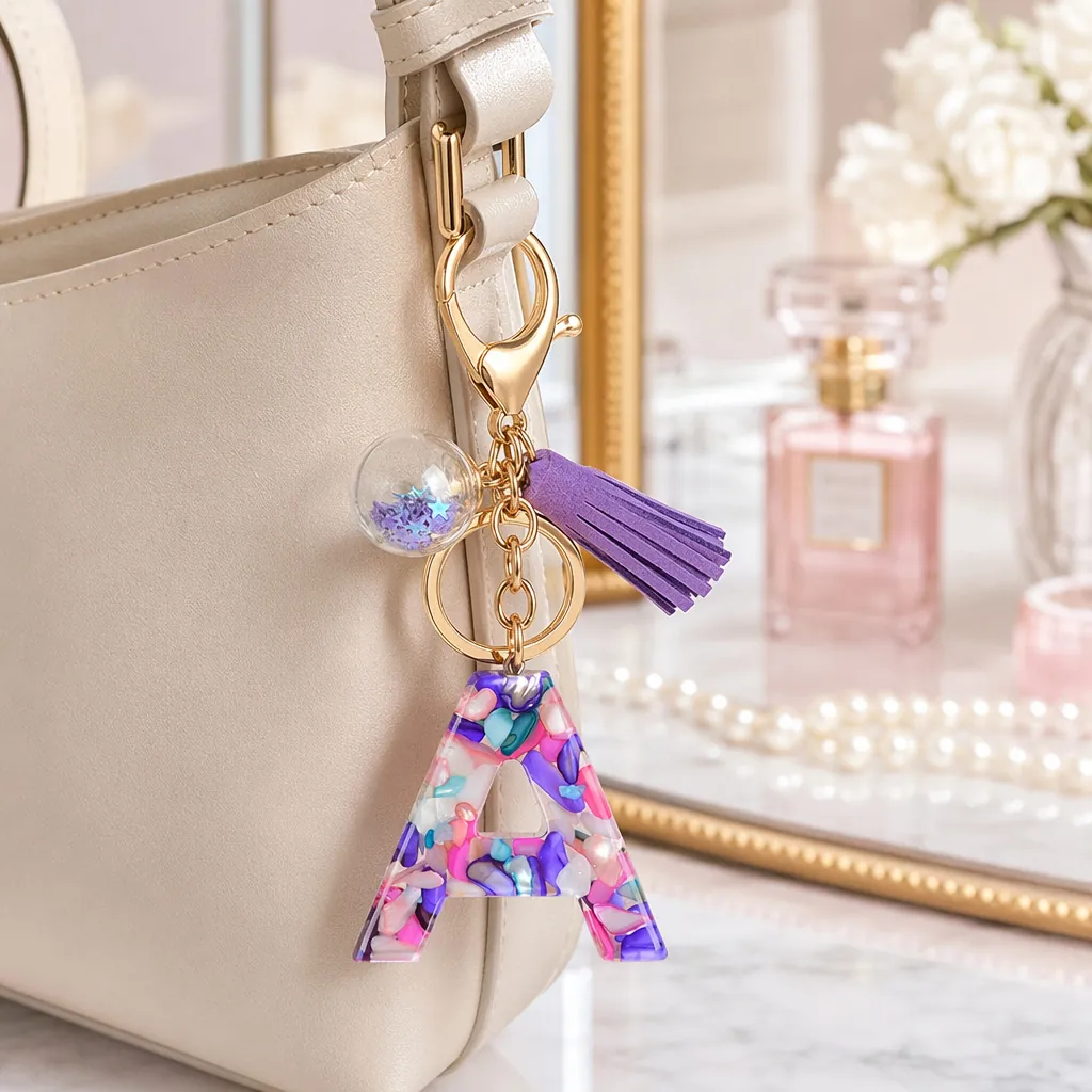 Fashion Multicolor Crushed Stone Resin Initial Letter Keychain With Purple Tassel And Star Sequin Ball Gold Pendant
