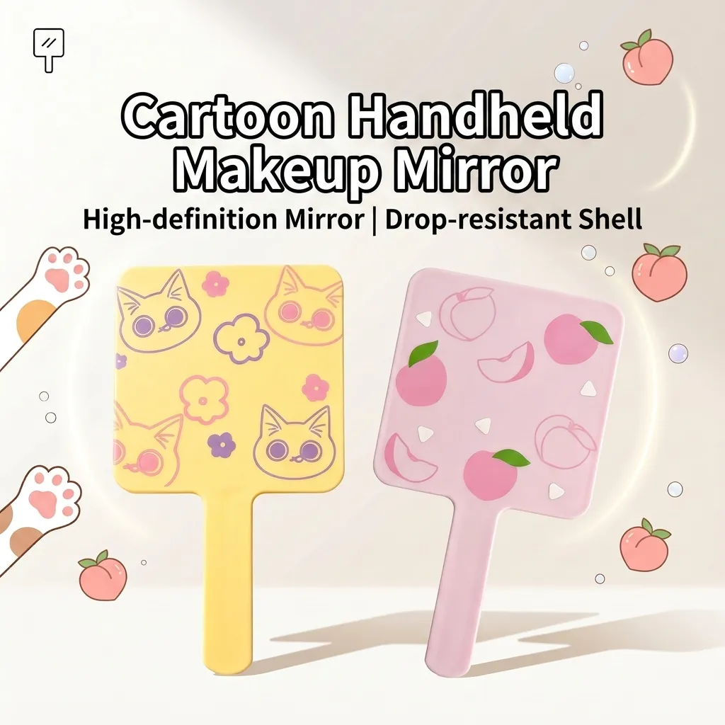 Square Handheld Makeup Mirror Portable Cute Cartoon Cat Peach Print Plastic Frame HD Glass Vanity Tool For Travel