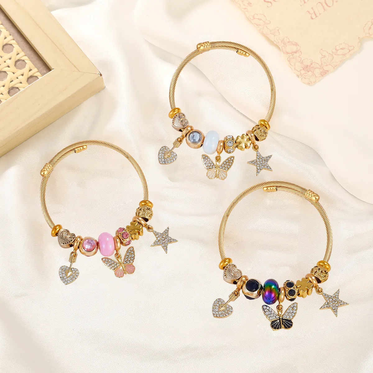 Stainless Steel Beaded Charm Bangle Bracelet For Women Rhinestone Butterfly Star Heart Pendant Gold Plated Fashion Jewelry Gift