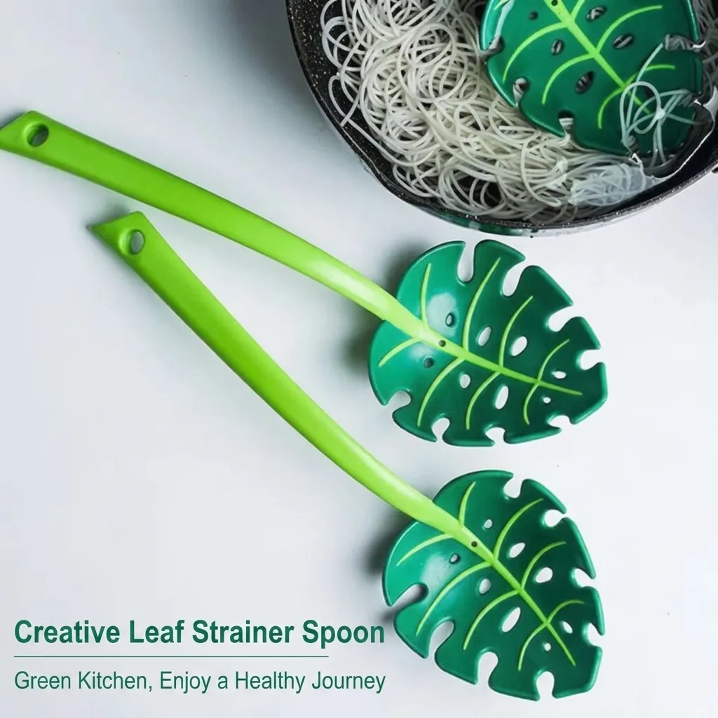 Creative Monstera Leaf Shaped Kitchen Colander Long Handle Plastic Noodle Skimmer Spoon For Cooking Green Bionic Design Durable Heat Resistant Kitchen Utensil