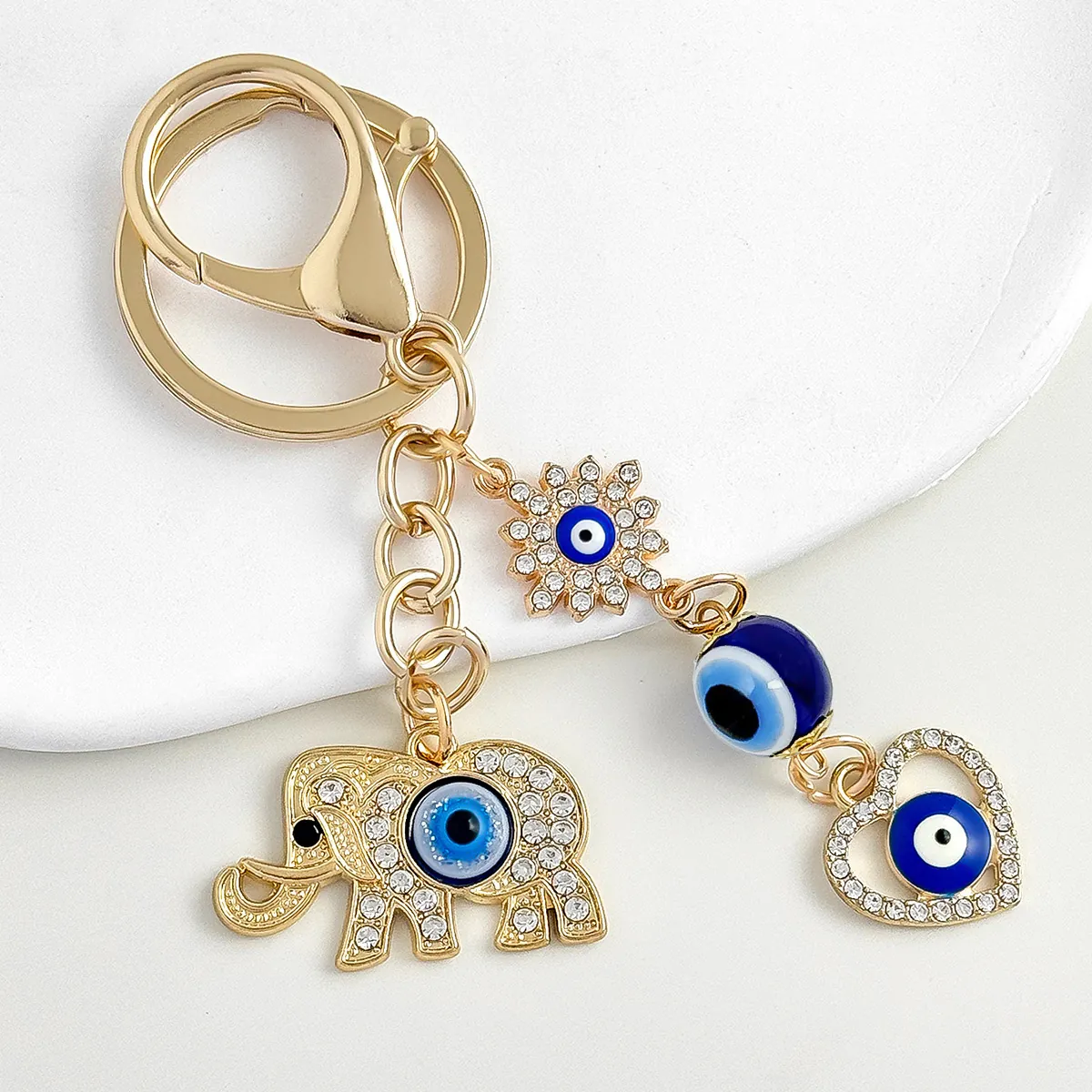 Vintage Bohemian Evil Eye Elephant Heart Keychain For Women Gold Silver Zinc Alloy Rhinestone Bag Pendant Key Ring