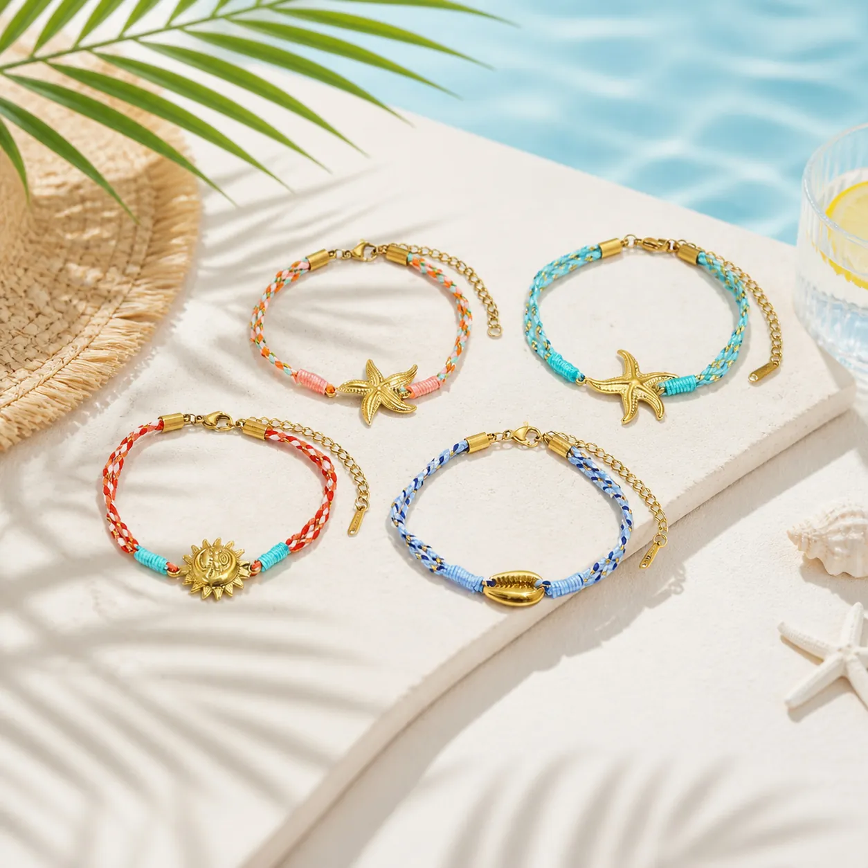 Bohemian Gewebtes Seil Armband 18K Vergoldet Edelstahl Herz Seestern Muschel Sonne Verstellbar Sommer Strand Schmuck Damen
