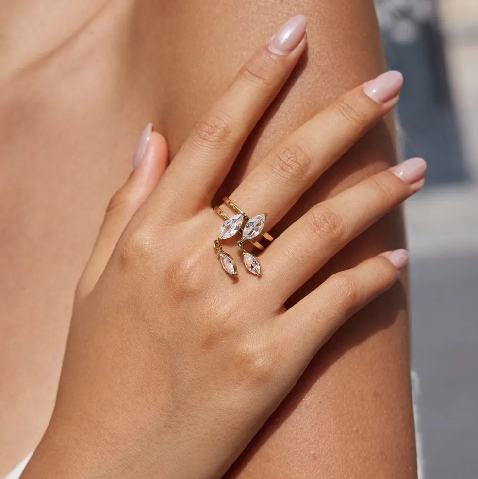 Luxury Stainless Steel Double Layered Open Ring For Women Gold Marquise Zirconia Dangling Pendant Adjustable Jewelry
