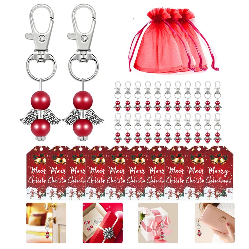 Kit Portachiavi Ali Angelo Natale Lega Zinco Perline Sacchetti Organza Etichette Albero Decorazione Regalo Festa Novità
