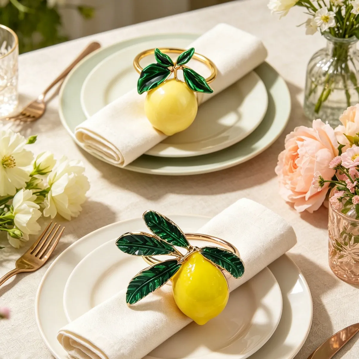 Ronds de Serviette Citron en Alliage de Zinc Boucles de Serviette Fruits Support Émaillé Or pour Décor de Table d'Hôtel Printemps Été