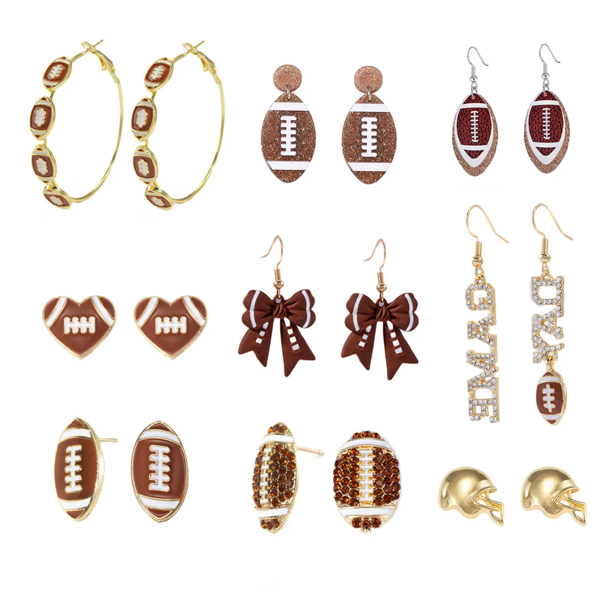 American Football Earrings Alloy Rhinestone Drip Oil Glitter Helmet Heart Bow Letter Ear Studs Drop Earrings For Women Sports Fans Game Day Party Jewelry