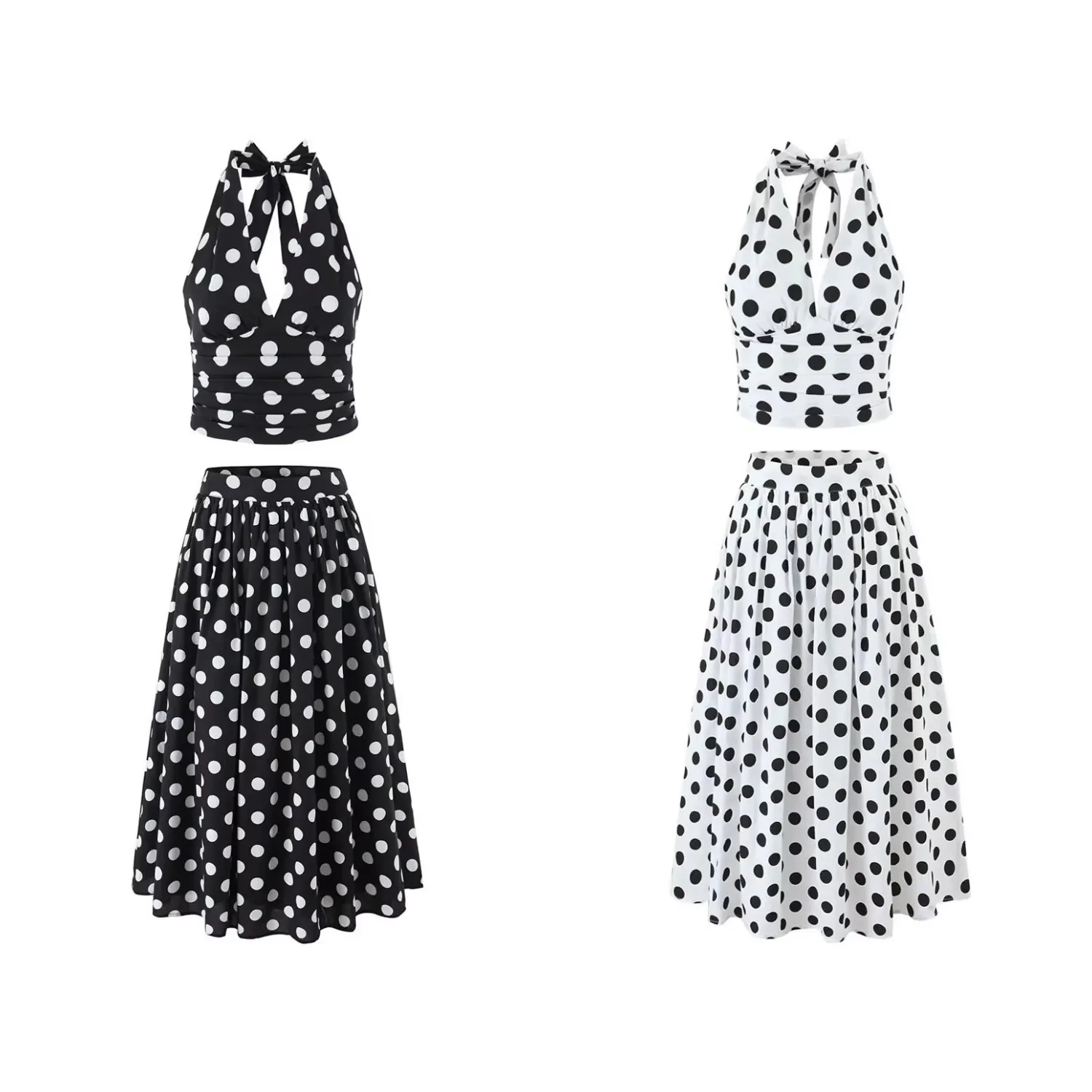 Damen Neckholder Polka Dot Top Und Rock Top Und Bottom Retro Stil Farbblock Gespleißt Ärmellos Rückenloses Sommer Outfit