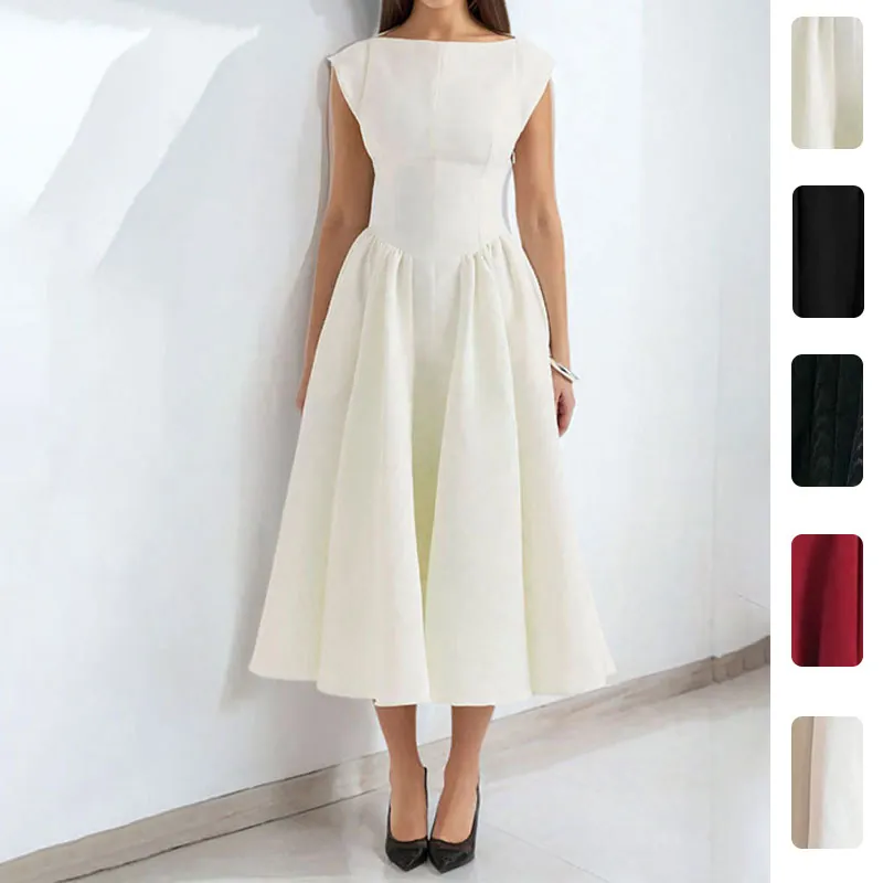 Robe Midi Élégante pour Femmes Sans Manches Taille Haute Style Français Dos Nu Robe en Poliester de Couleur Unie pour Fête Banquet