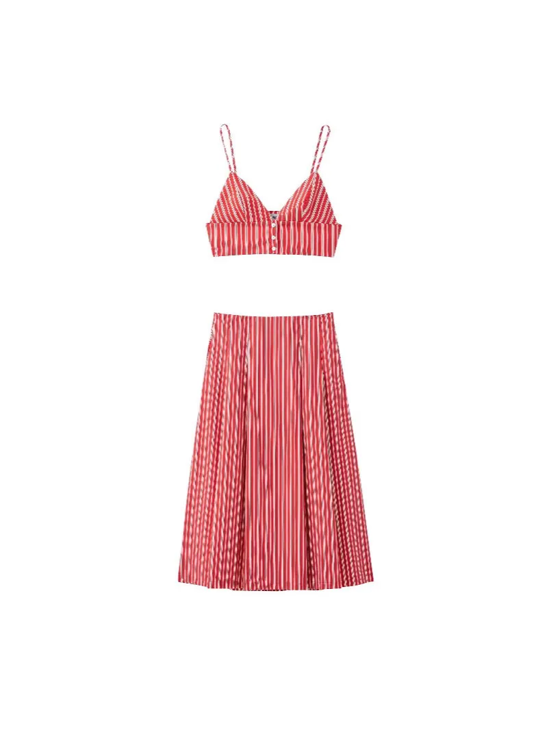 Ensemble d'Été pour Femme Rayures Rouges et Blanches Crop Top Col en V et Jupe Midi Trapèze Taille Haute