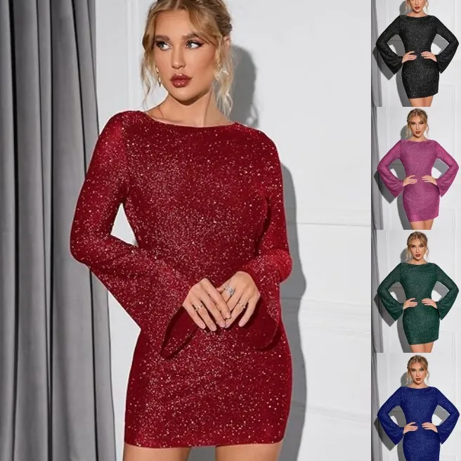 Women Sparkling Sequin Backless Tie Up Bodycon Mini Dress Sexy Long Bell Sleeve Night Out Party Club Evening Dress