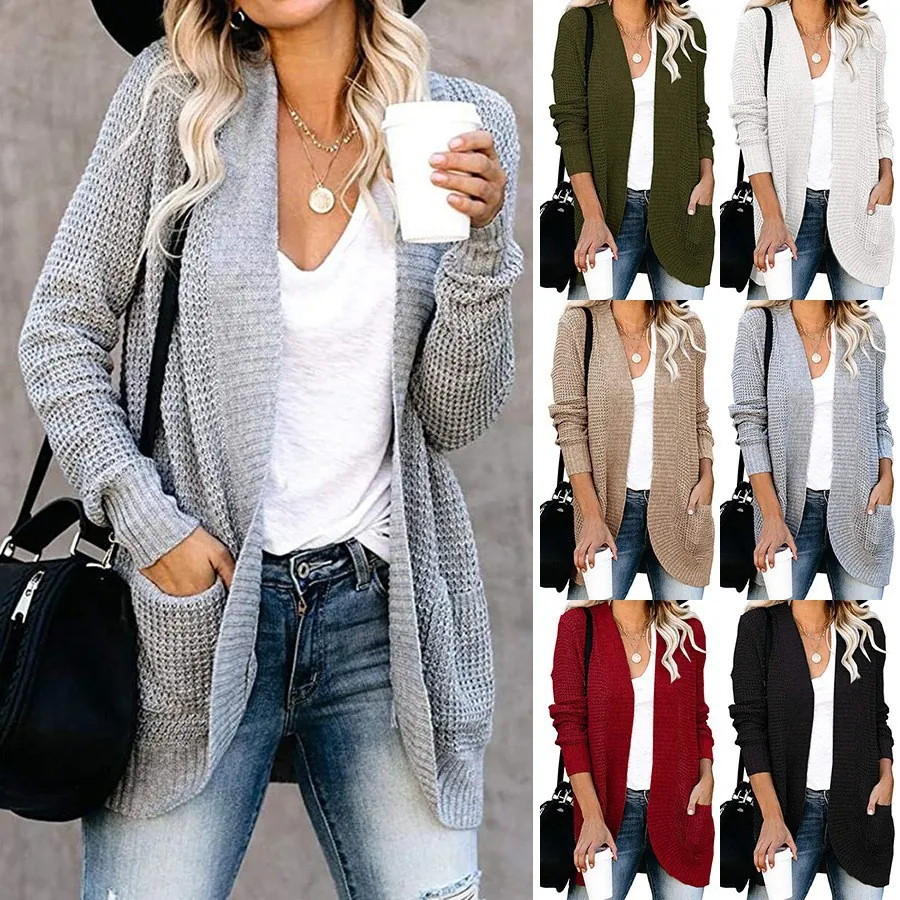 Women's Casual Open Front Knit Cardigan Sweater Solid Color Long Sleeve Loose Top With Pockets Curved Hem Outerwear