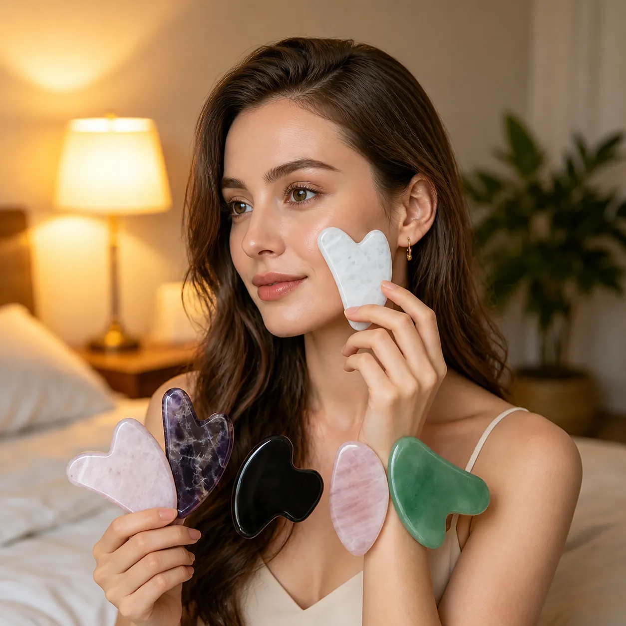 Natural Stone Heart Shaped Gua Sha Board Rose Quartz Amethyst Obsidian Facial Massage Tool For Skin Care Body Toning Wellness