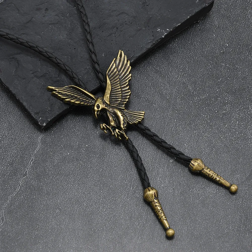 Corbata Bolo Vintage Vaquero del Oeste Colgante Águila Bronce Antiguo Plata Collar de Cuerda de Cuero PU Trenzado Negro Joyería Unisex