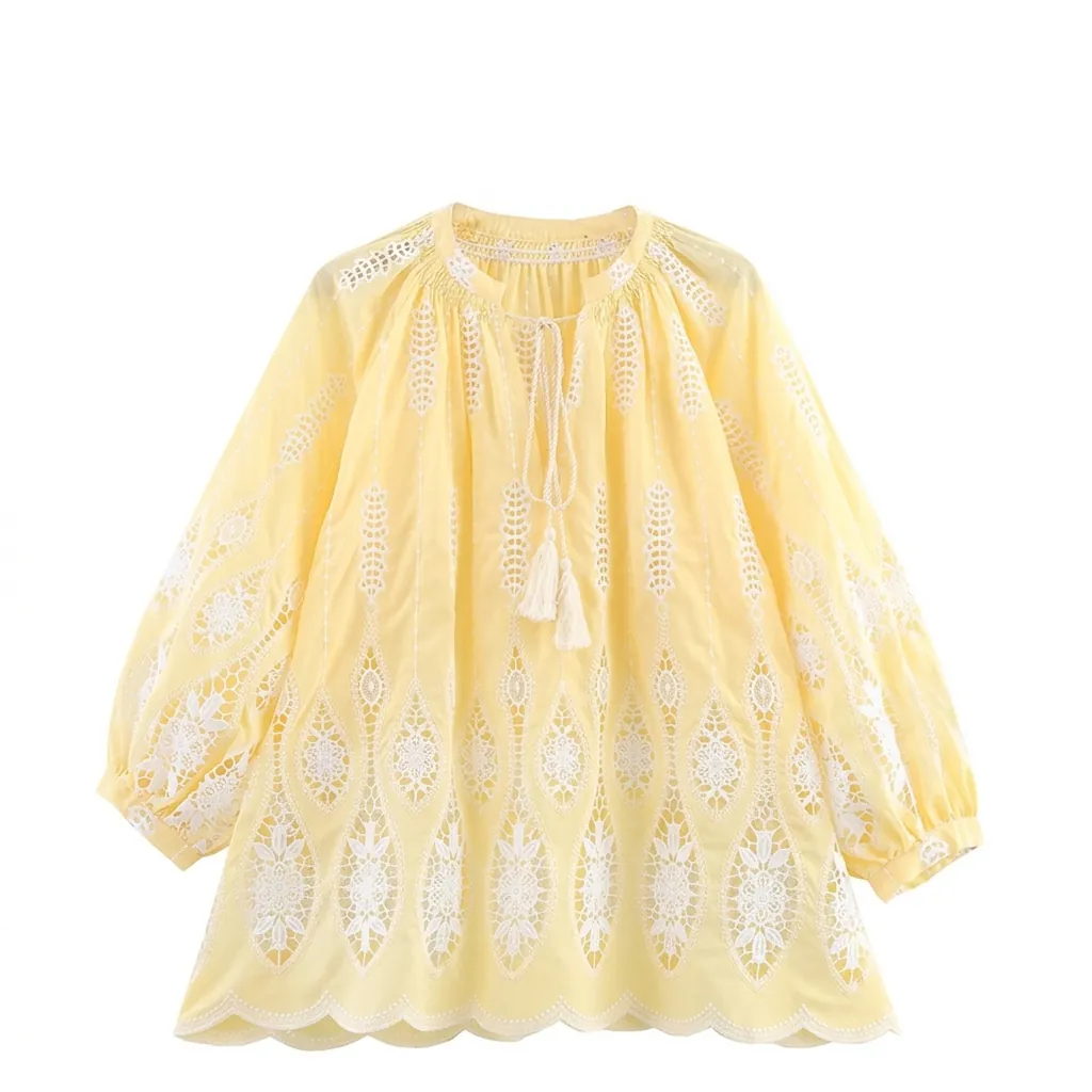 Chemisier Femme Style Français Col en V Broderie Anglaise Lin Ample Manches Longues Lanterne Haut à Nouer Avec Glands Jaune