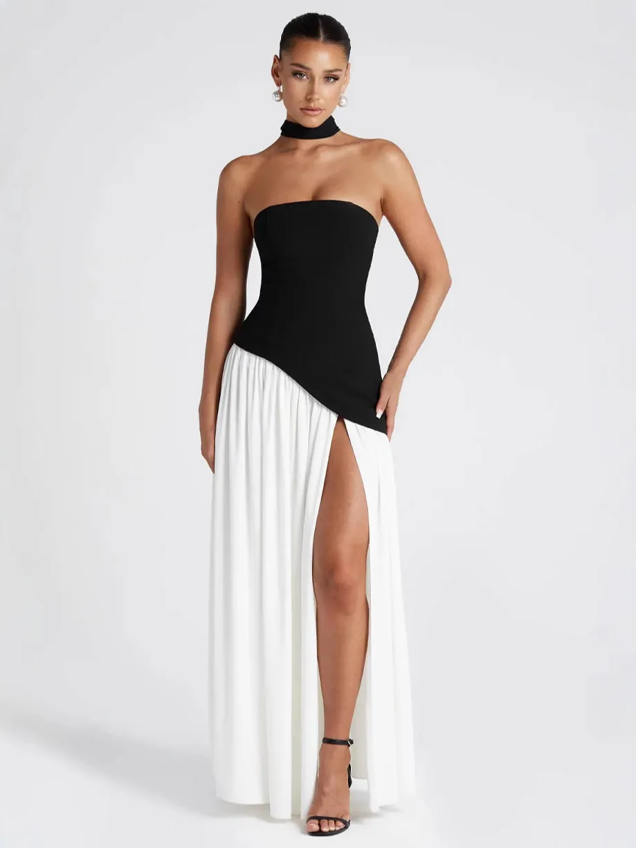 Elegant Strapless High Slit Evening Gown Backless Corset Maxi Dress For Women Party Wedding Formal Social Occasion With Choker