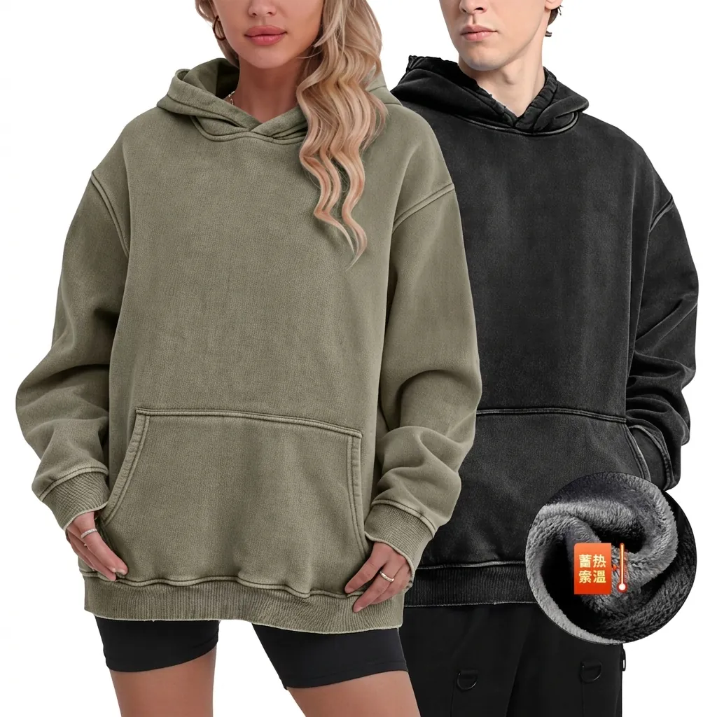 Sweat à Capuche Américain Vintage Lavé Épais Doublé en Molleton pour Hommes Streetwear Oversized Couleur Unie Chaud Hiver