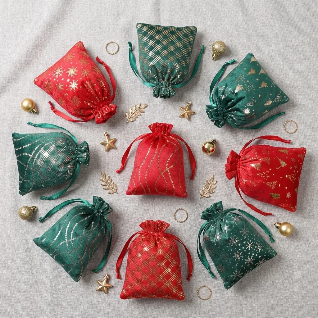 Bolsa de Navidad de Terciopelo con Cordón Estampado en Caliente Copo de Nieve Regalo de Joyería Dulces Bolsa de Decoración