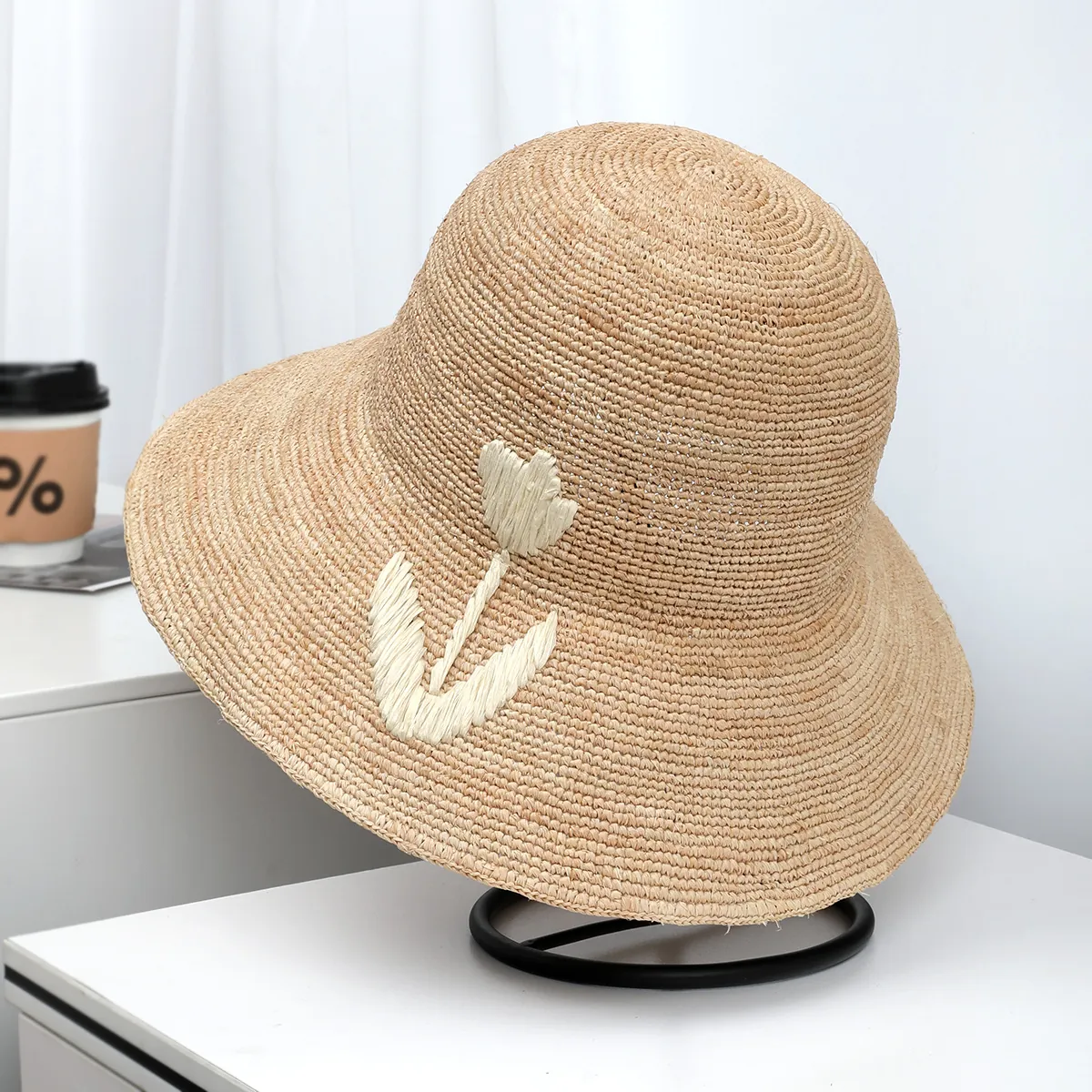Handmade Raffia Straw Sun Hat For Women Foldable Wide Brim Beach Vacation Hat With Flower Embroidery Elegant Summer Bucket Hat