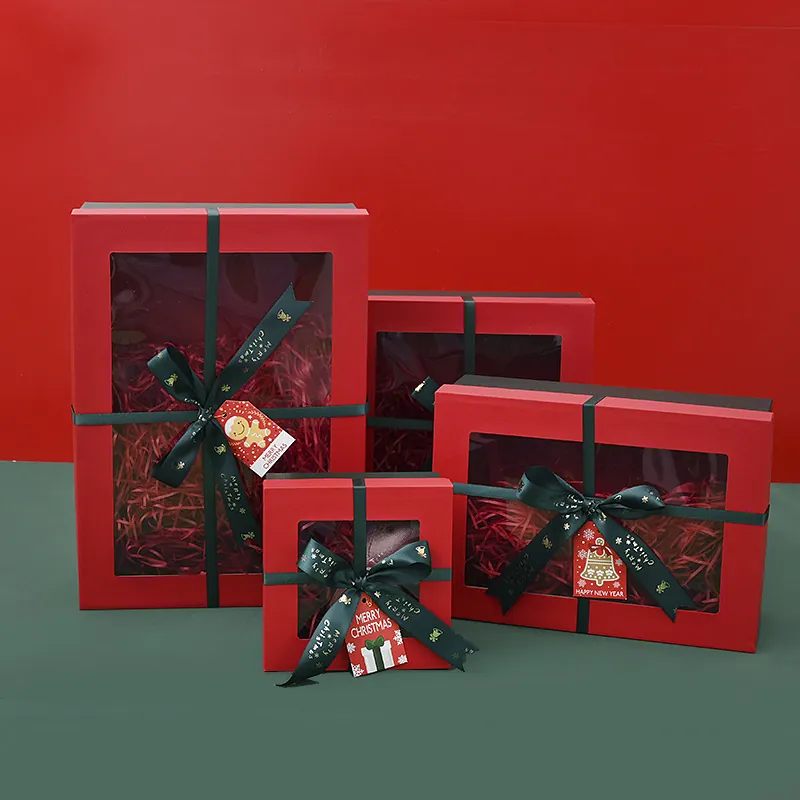Caja de Regalo de Navidad Con Ventana Transparente y Cinta de Lazo Rojo Verde Cajas de Embalaje de Dulces para Decoración de Fiestas