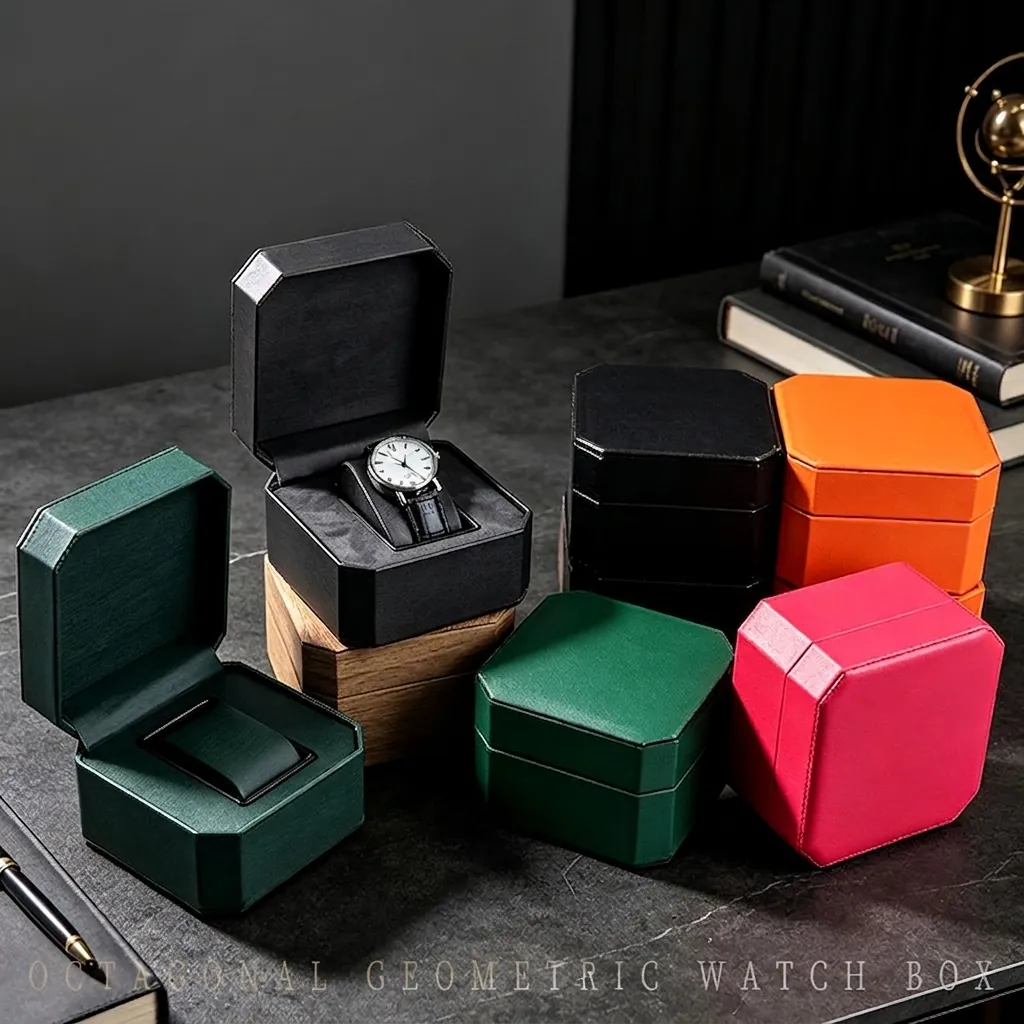 Luxury Octagonal Geometric Watch Box Business PU Leather Watch Organizer Single Slot Wristwatch Storage Gift Box Case For Men