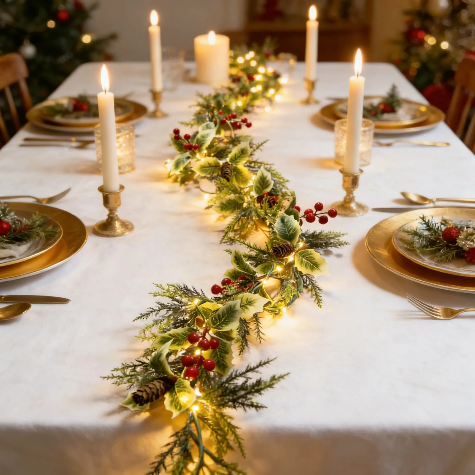 Künstliche Weihnachts-Eukalyptus-Girlande Mit Roten Beeren Und Tannenzapfen LED-Lichterkette Warmes Leuchten Festliche Hausparty-Dekoration