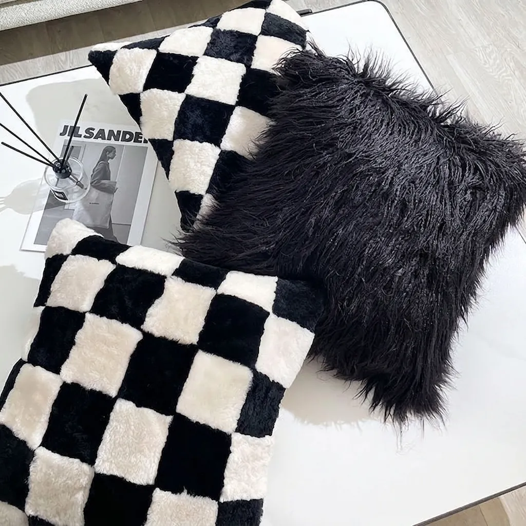 Modern Minimalist Checkerboard Plush Pillow Case Faux Rabbit Fur Cushion Cover Soft Geometric Decorative Sofa Pillow