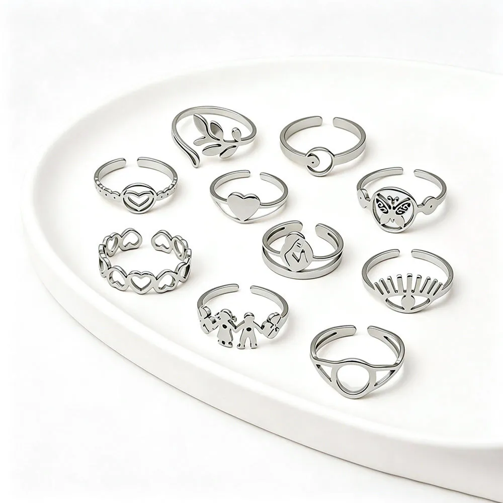 Retro Stainless Steel Hollow Ring For Women Gold Silver Patterned Line Heart Leaf Butterfly Open Finger Ring Fashion Jewelry