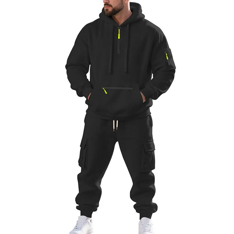 Survêtement à Capuche en Polaire Lourde pour Hommes Poches Cargo Haut et Bas Décontracté Sport Sweat à Capuche Pantalon Chaud