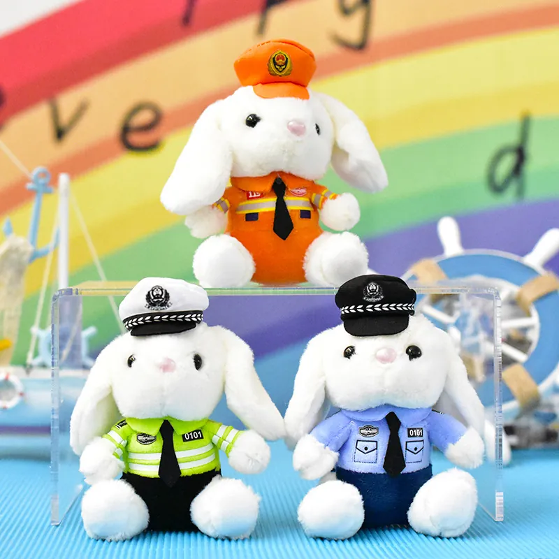 Pluche Konijn Sleutelhanger Politie Brandweer Uniform Knuffeldier Speelgoed Bunny Hanger Tas Charme Zachte Pop Ornament Cadeau