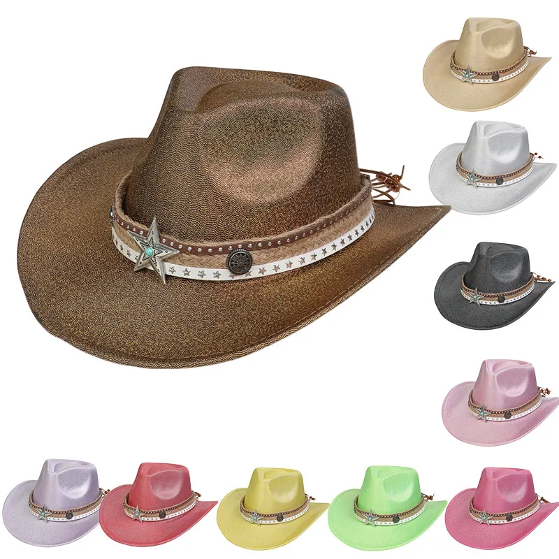 Chapeau De Cowboy Western Pailleté Large Bord Capeline Jazz Pour Femmes Hommes Avec Étoile Métal Rivet