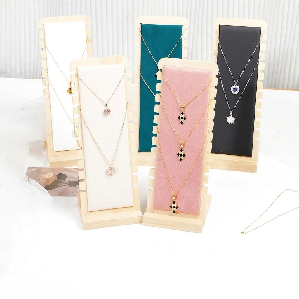 Necklace Display Stand Bamboo Wood Detachable Jewelry Holder Velvet Leather Pendant Rack Organizer For Retail Showroom