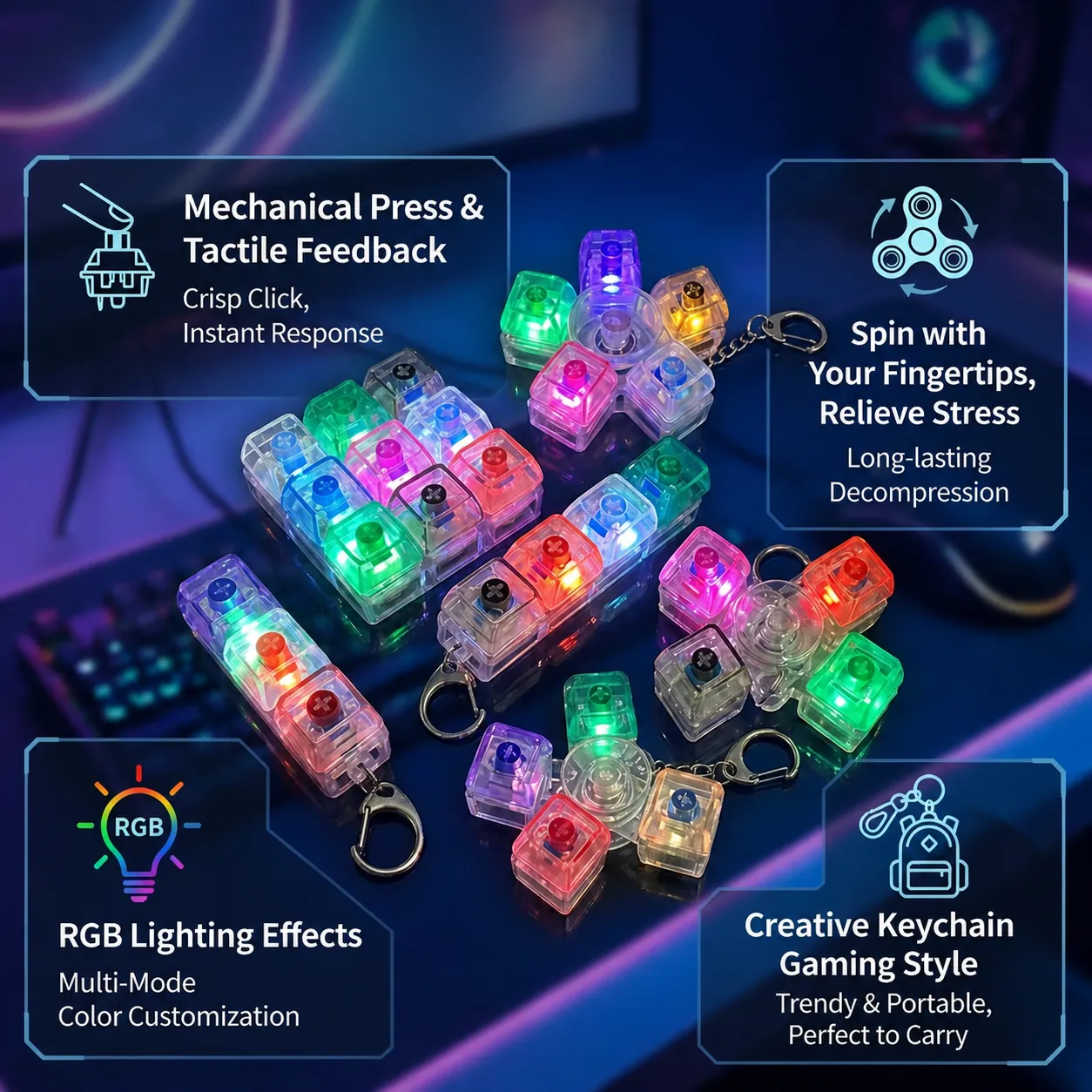 RGB Leuchtender Mechanischer Schalter Fidget Toy Schlüsselanhänger Stressabbau Fidget Spinner Schlüsselanhänger ABS Schlüsselring Für Büro Erwachsene Kinder