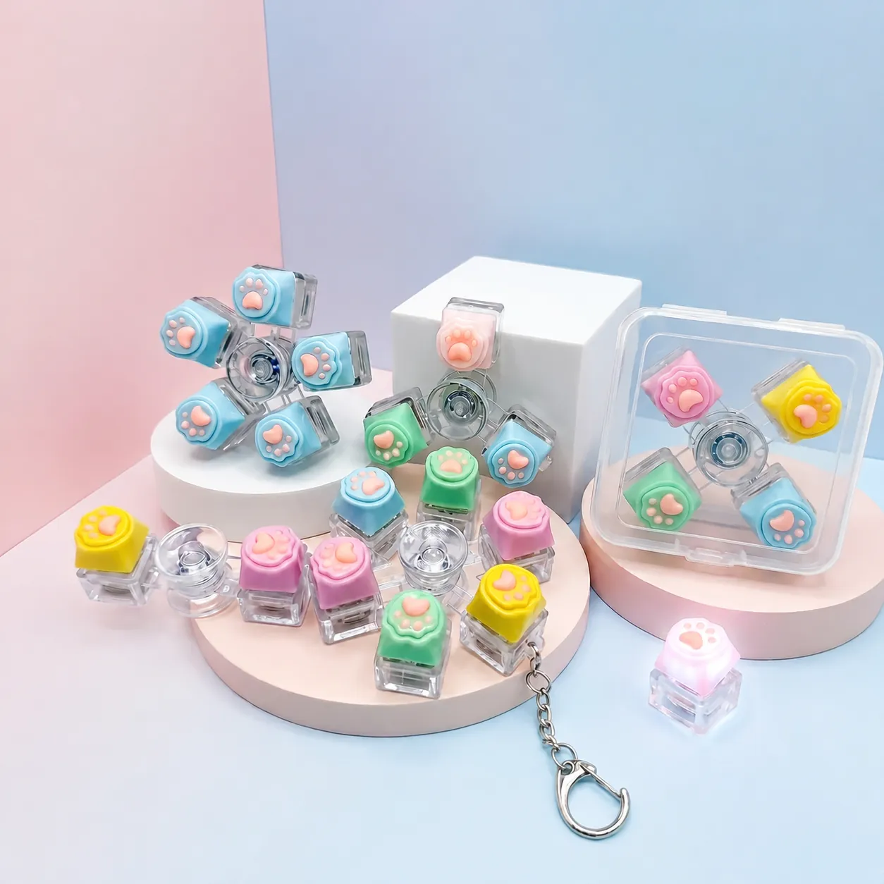 Mechanischer Katzenpfote Fidget Spinner Schlüsselanhänger Macaron Farbe Stressabbau LED Leuchtet Tastenkappe Spielzeug Montage Anhänger Für Schule Büro Erwachsene Teenager