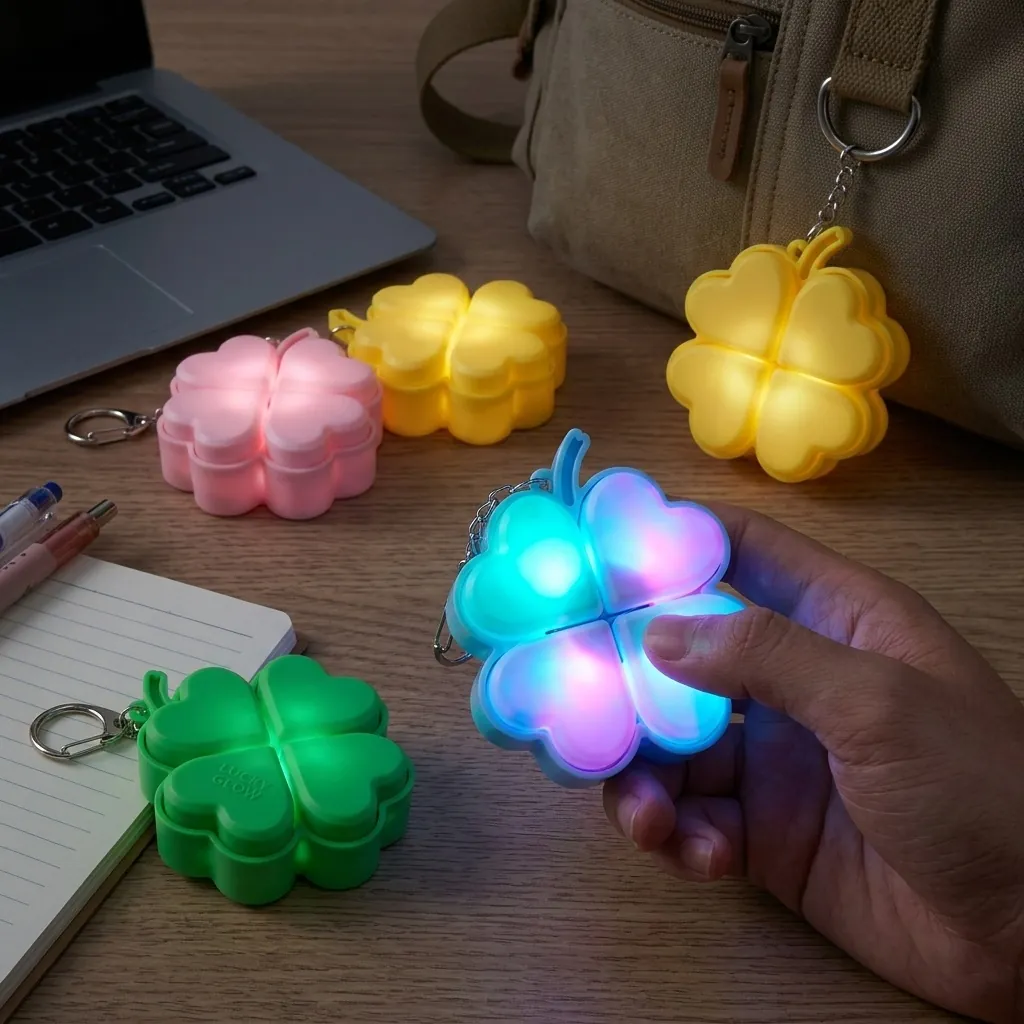 Lucky Clover Luminous Fidget Keychain Press Multicolored Flashing LED Stress Relief Toy Portable Key Ring Lucky Glow Pendant Boxed For Kids Adults