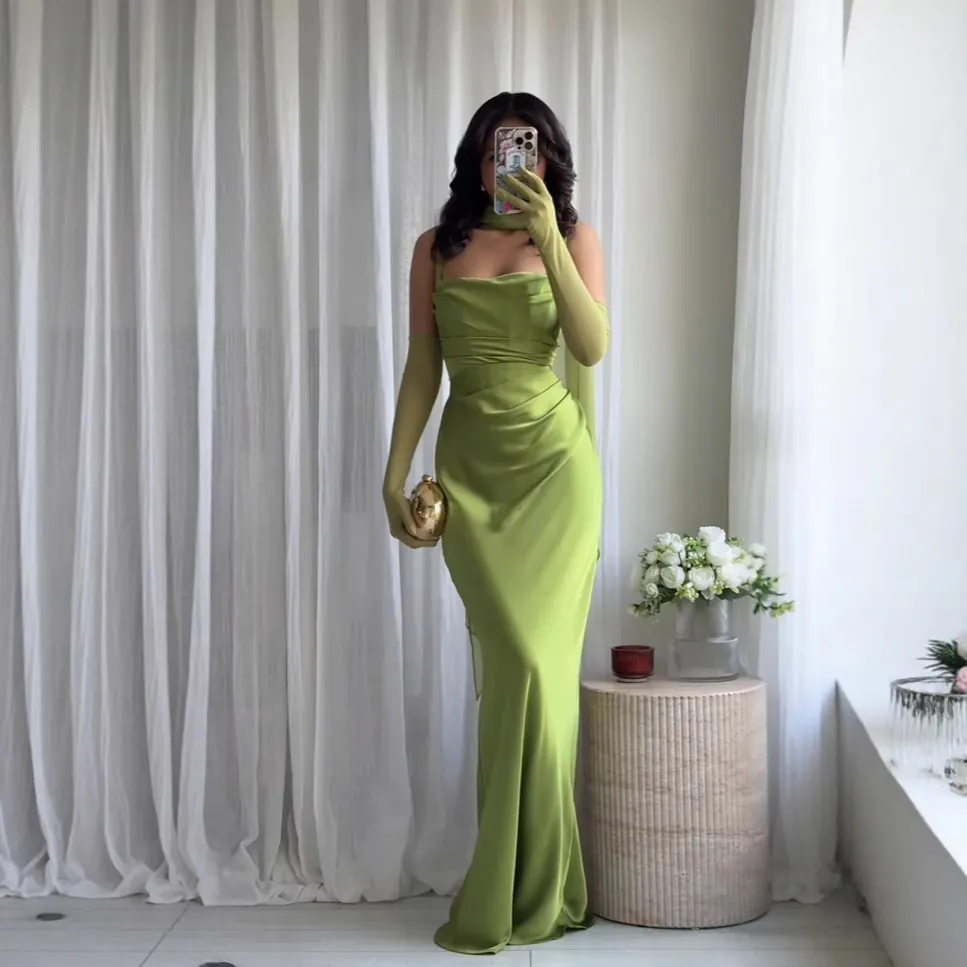 Elegante Abito da Sera in Raso di Poliestere da Donna con Spalline Sottili Senza Schiena Bodycon Abito Maxi per Festa Matrimonio