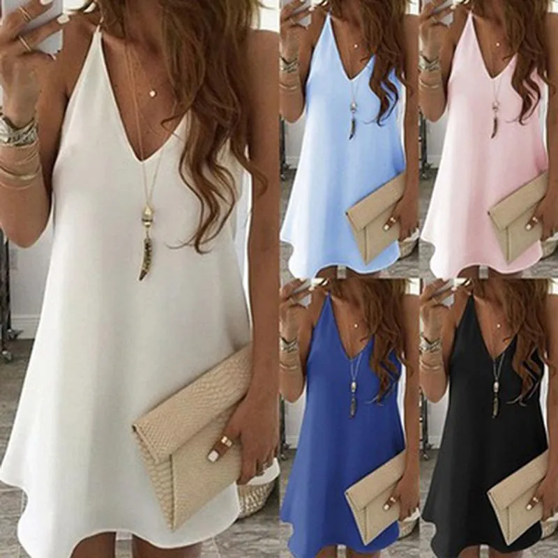 Women V-Neck Spaghetti Strap Polyester Dress Solid Color Loose A-Line Swing Top And Bottom Summer Beach Mini Party Dresses