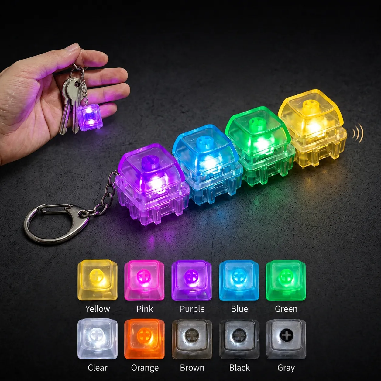 Mechanical Keyboard Switch Fidget Keychain LED Light Up Stress Relief Toy Clear Plastic Keycap Pendant For Backpack Key