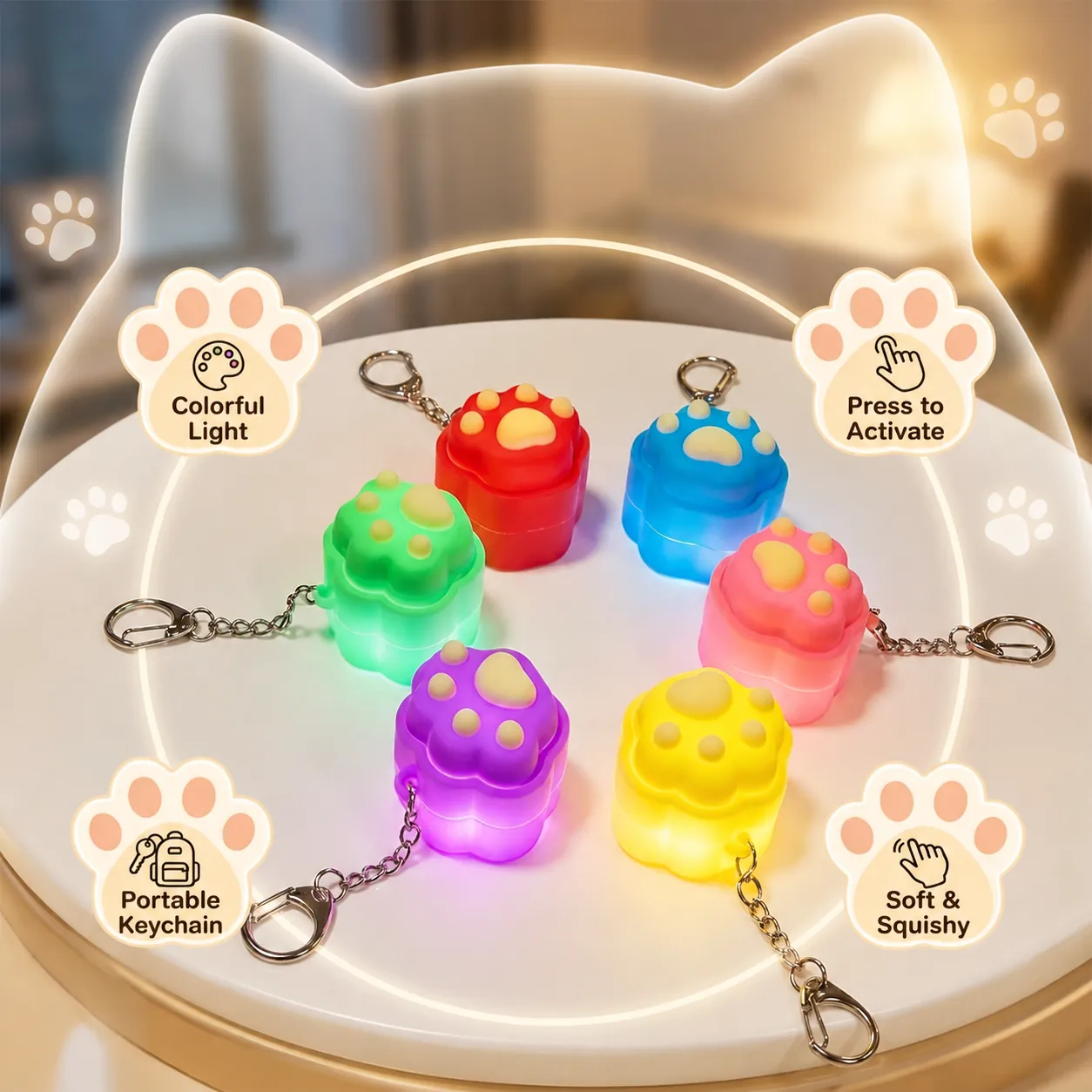 Kreativer 3D Katzenpfote Leuchtender Squishy Schlüsselanhänger Stressabbau Quetschspielzeug Macaron Farbe PVC LED Rucksack Anhänger