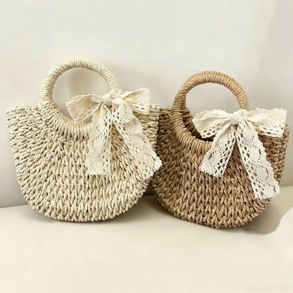 Sac à Main en Paille de Papier Tissé à la Main Sac Seau Demi-Lune Minimaliste pour Enfants Filles Femmes Vacances Accessoire de Plage Cadeau