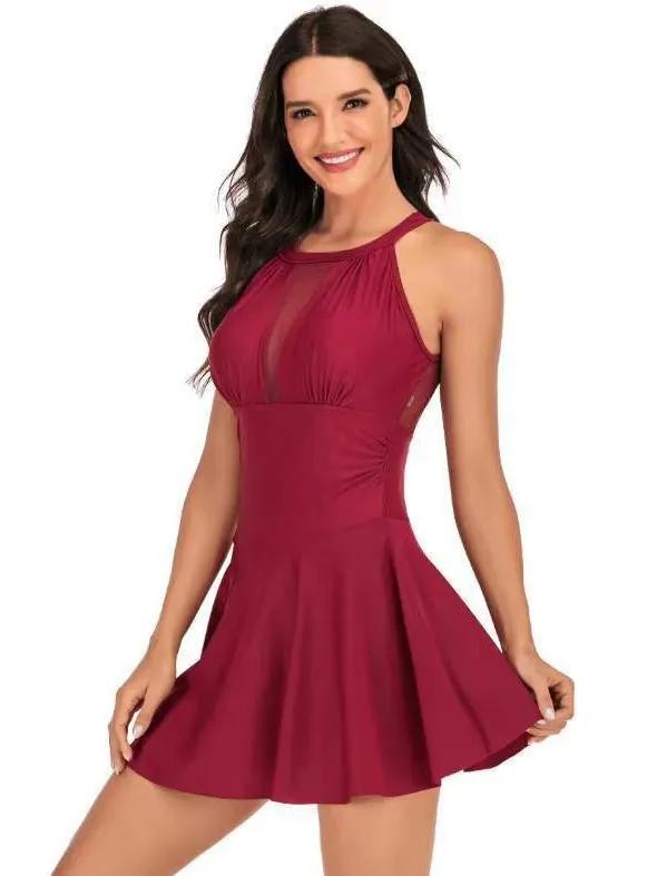 Women One-Piece Skirted Swimsuit Mesh Patchwork Halter Neck Nylon Tummy Control Sexy Conservative Solid Color Swimwear Top And Bottom
