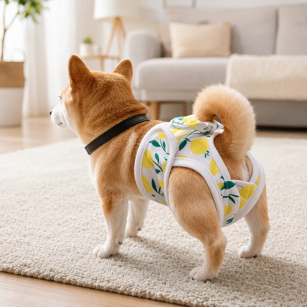 Washable Dog Physiological Pants Cotton Menstrual Underwear With Bow For Female Pets Heat Period Polka Dot Lemon Print