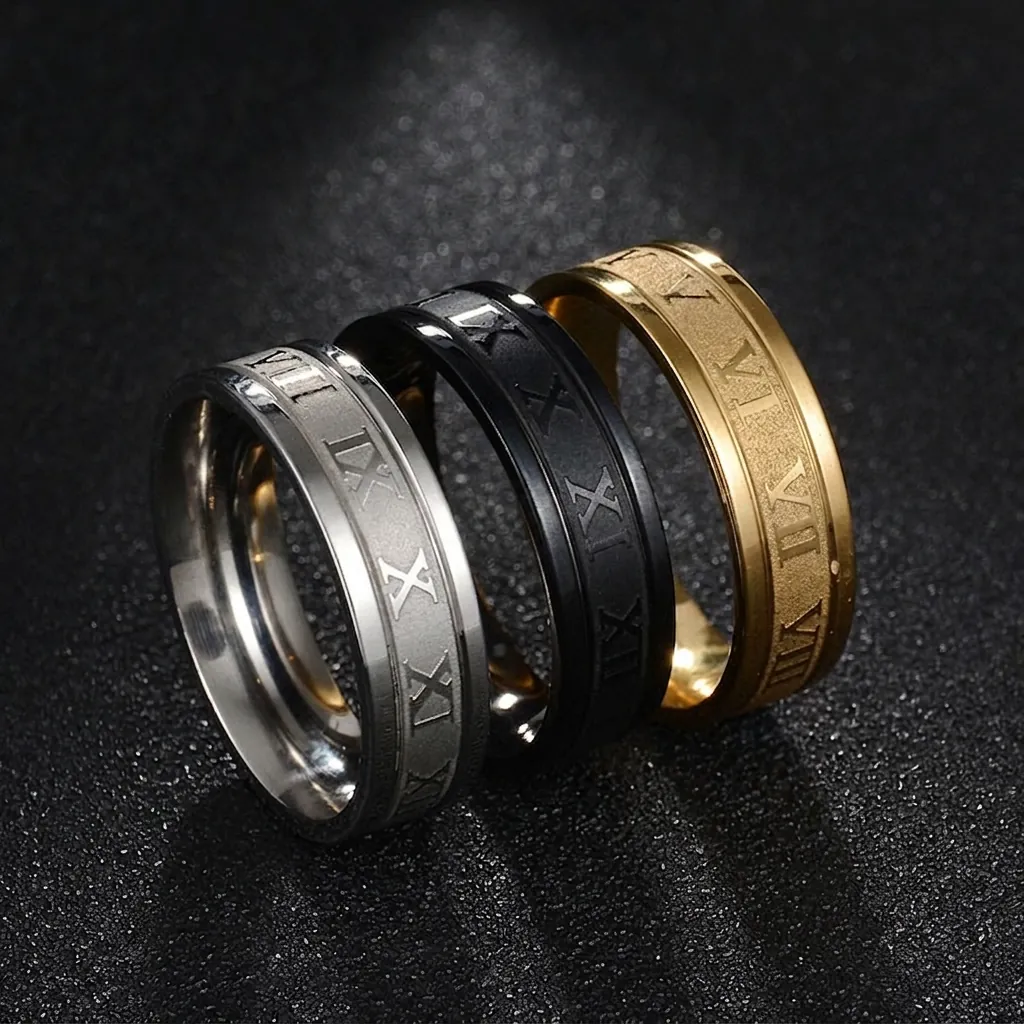 Anillo de Números Romanos de Acero Inoxidable para Hombres Mujeres Oro Plata Negro Anillo de Banda de Acero de Titanio Joyas
