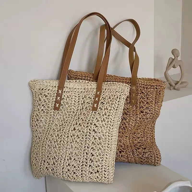 Woven Straw Tote Bag For Women Paper Crochet Large Capacity Summer Beach Vacation Shoulder Bag With PU Straps And Lining