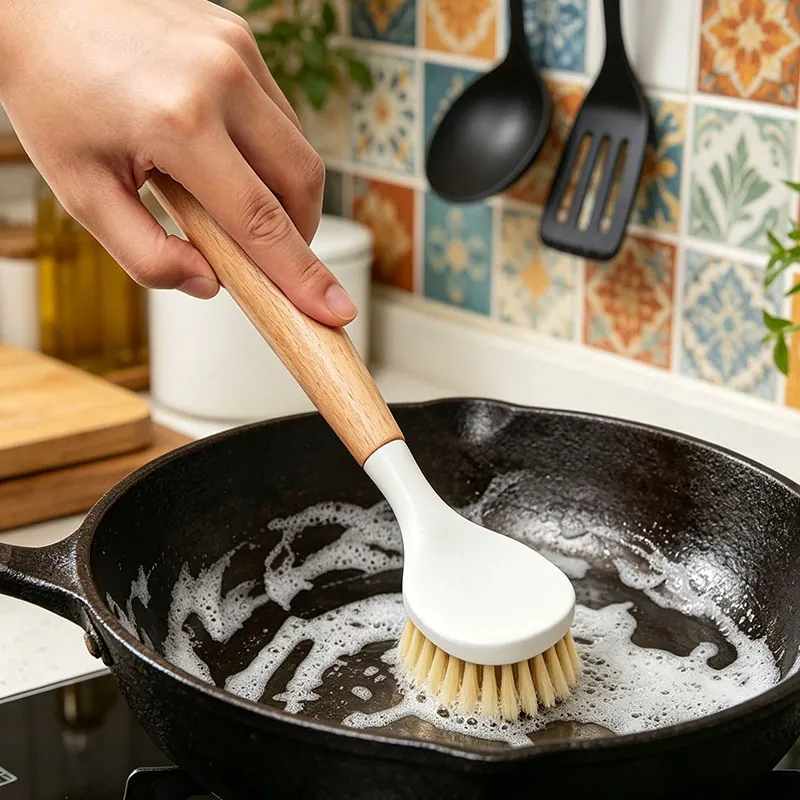 Wood Handle Dish Brush For Kitchen Pot Pan Cleaning Scrubber Long Handle Bowl Washing Brush Household Dishwashing Tool