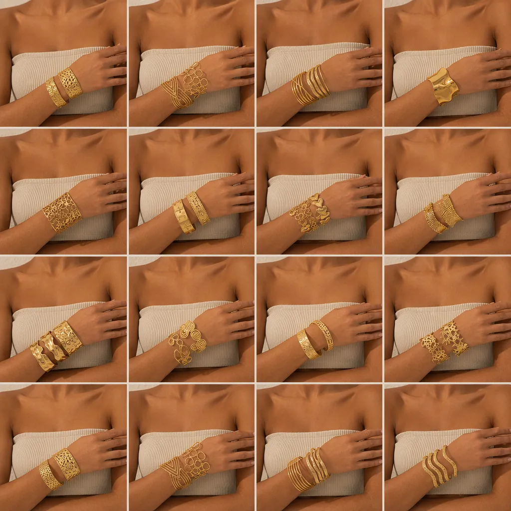 Bracciale Aperto in Acciaio Inossidabile Placcato Oro 18K per Donna Lussuoso Bracciale Rigido Geometrico Largo Vintage Gioielli Regalo