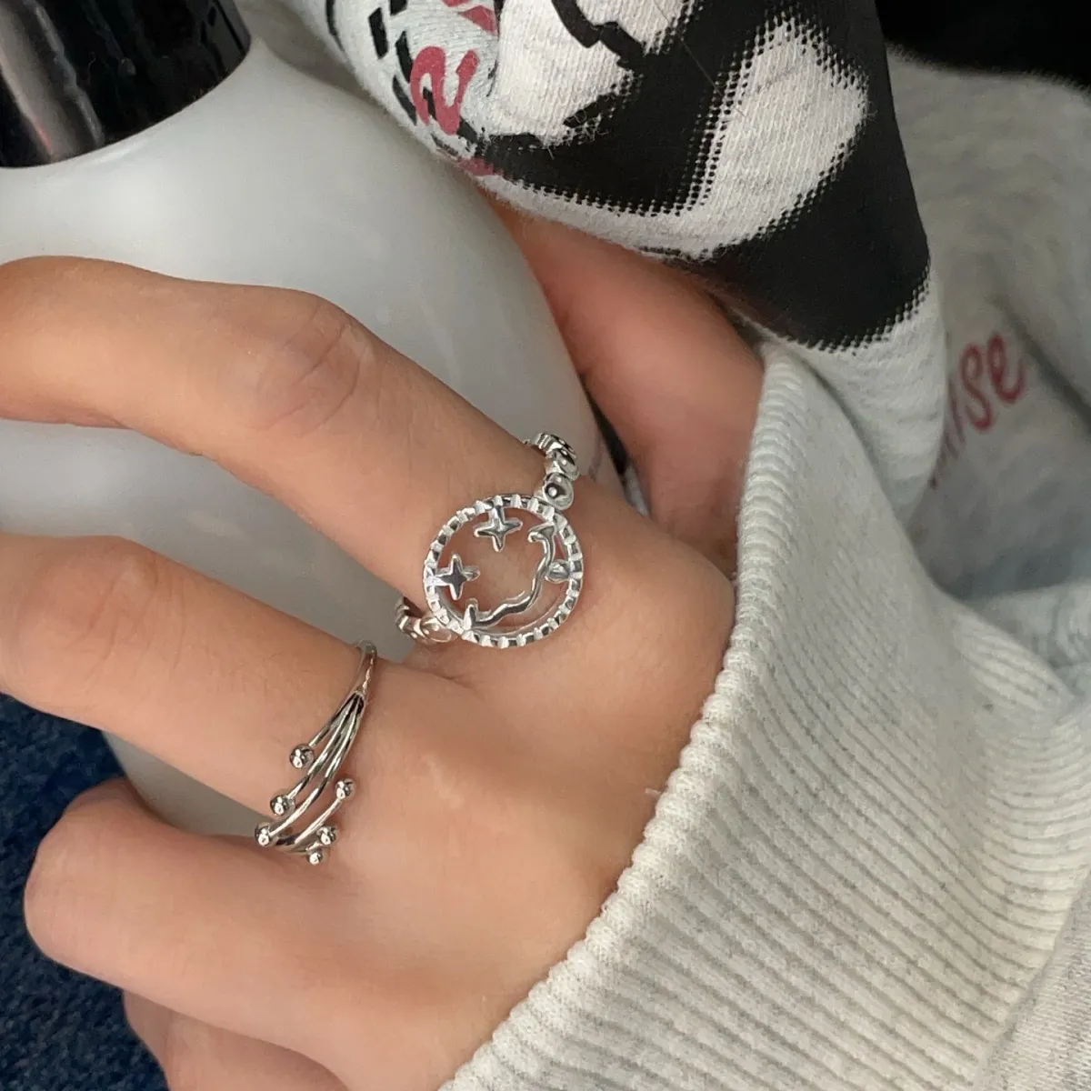 Bague Ouverte en Argent Sterling 925 Visage Souriant pour Hommes et Femmes Personnalité Minimaliste Bague Multicouche à Perles d'Argent Bijoux de Mode