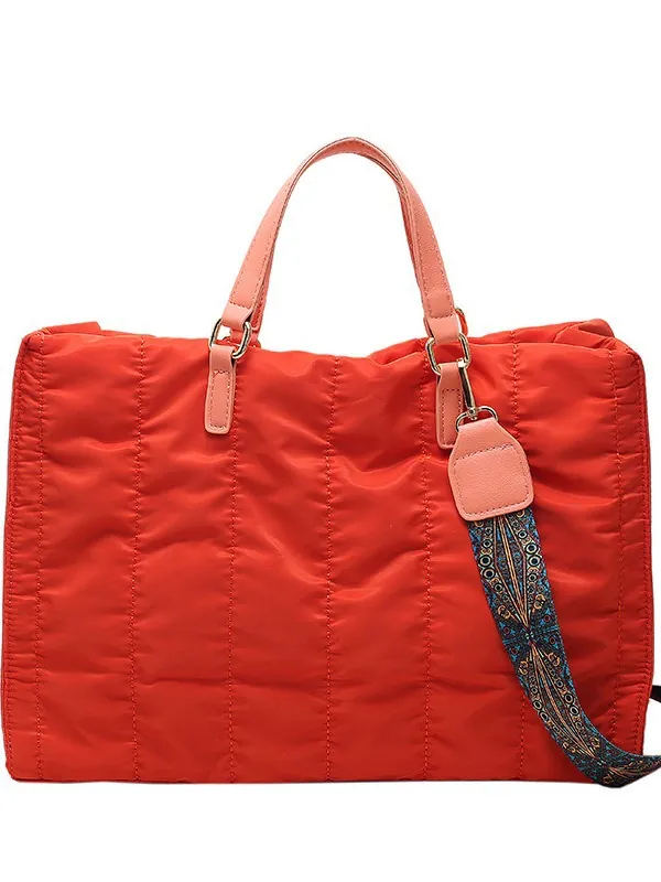 Borsa Tote Donna in Nylon Trapuntato di Grande Capacità Borsa a Mano Imbottita per Pendolari alla Moda Tracolla Versatile Con Motivo Etnico a Fascia Larga